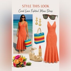 Enfocus Studio coral lace, sleeveless, V neck, fishtail dress.  Super cute sz 10